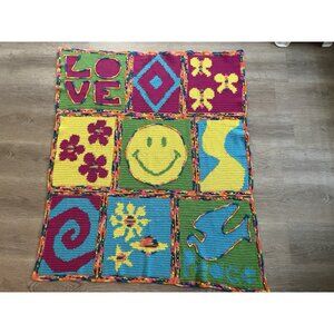 Vintage Crochet Afghan Patchwork Squares Blanket Boho Hippie 90s